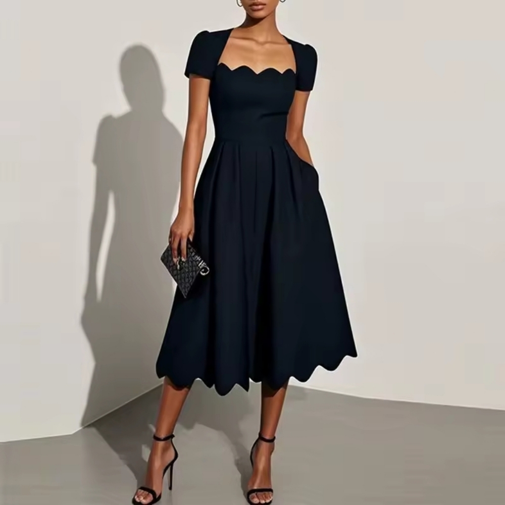 NWT FEHAUTE Asymmetric Scalloped Square Neck & Hem Black Midi Dress Sz 12